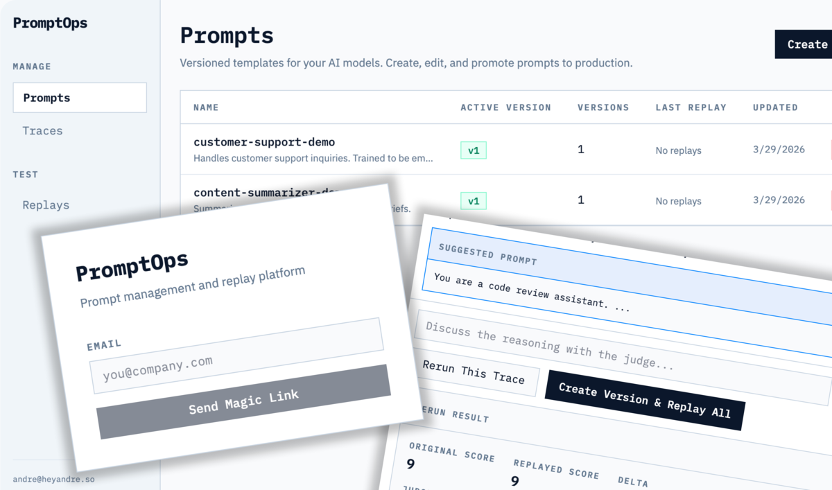 Screenshot of PromptOps dashboard showing prompt versioning and evaluation workflow