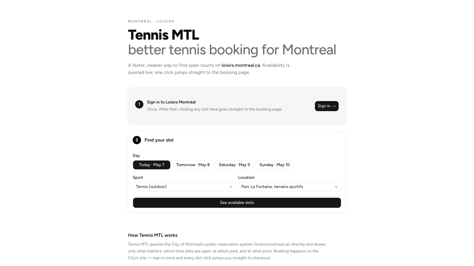 Tennis MTL homepage showing day, sport and park selectors above a See available slots button